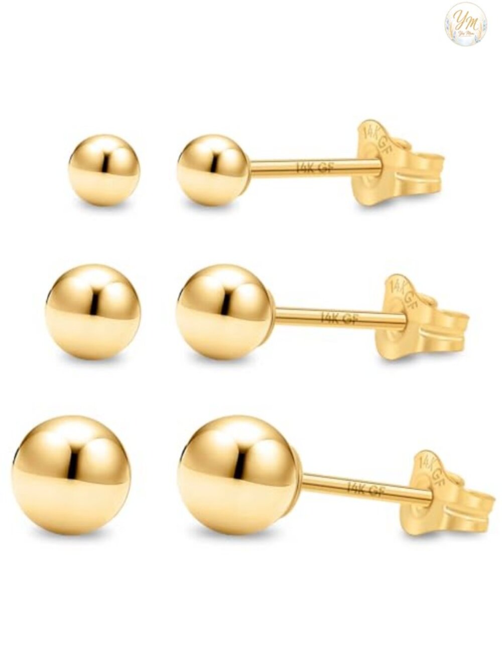 14K Gold Filled Ball Stud Earrings for Women - 3 Size Set Hypoallergenic